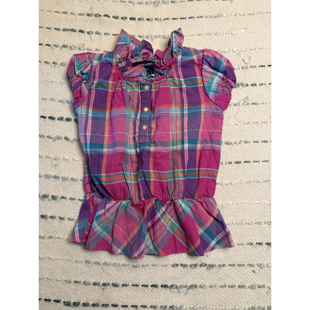 Ralph Lauren Toddler Girls 24M Plaid Ruffle Peplum Top Pink Purple Cotton Blouse